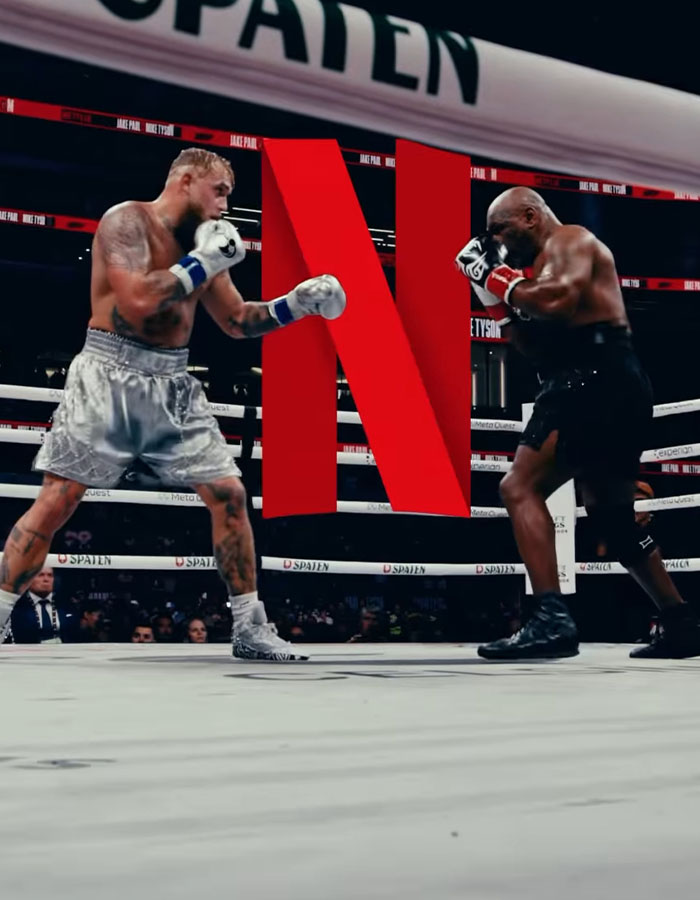 Boxing match scene with Netflix logo featuring suspended fighters after controversy. Boxing match scene with Netflix logo featuring suspended fighters after controversy.