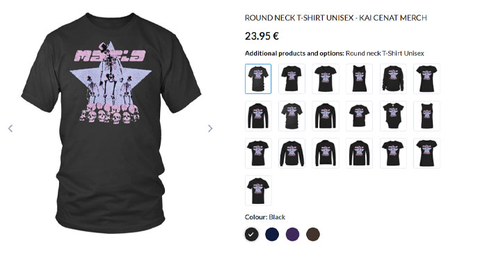 A Kai Cenat merchandise listing showcasing a black round-neck unisex T-shirt featuring a graphic design and priced at 23.95 &euro;, with color options.