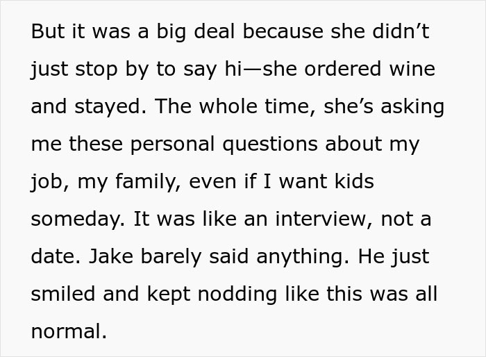 Text describing an awkward date where a woman is asked personal questions by her date's mother.