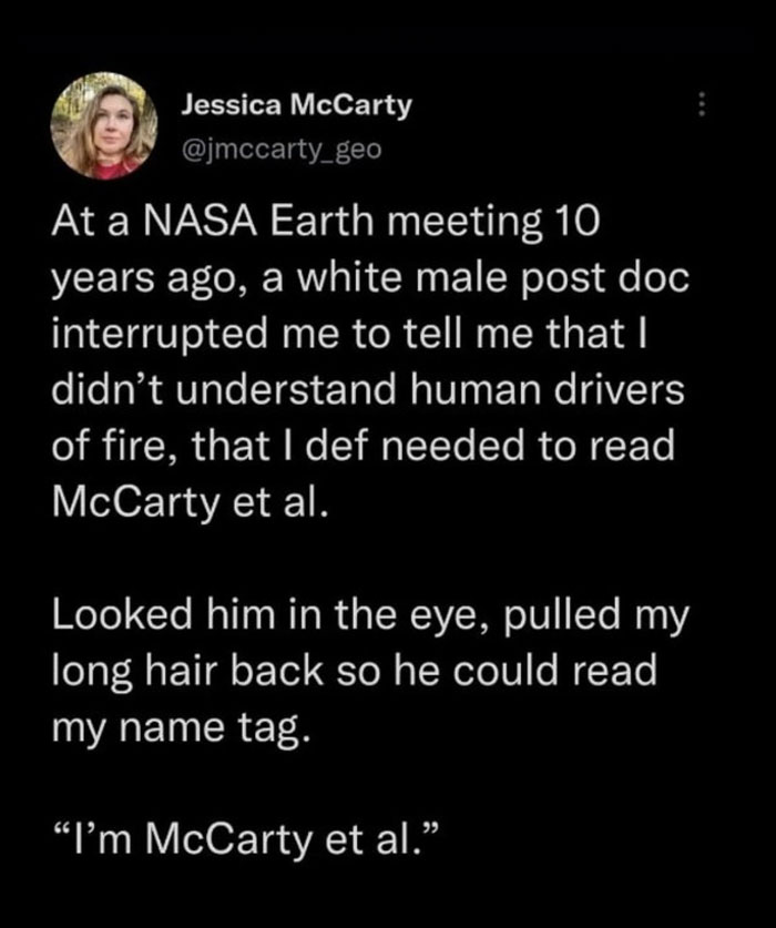 Mansplaining meme showing Jessica McCarty's tweet about a man recommending her own work at a NASA meeting.