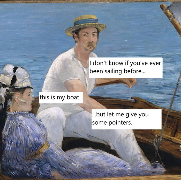 Mansplaining meme: A man in a boat offers sailing tips to a woman who owns the boat.