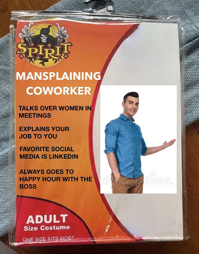 Mansplaining meme: fake costume package labeled "Mansplaining Coworker" with traits like "talks over women in meetings."