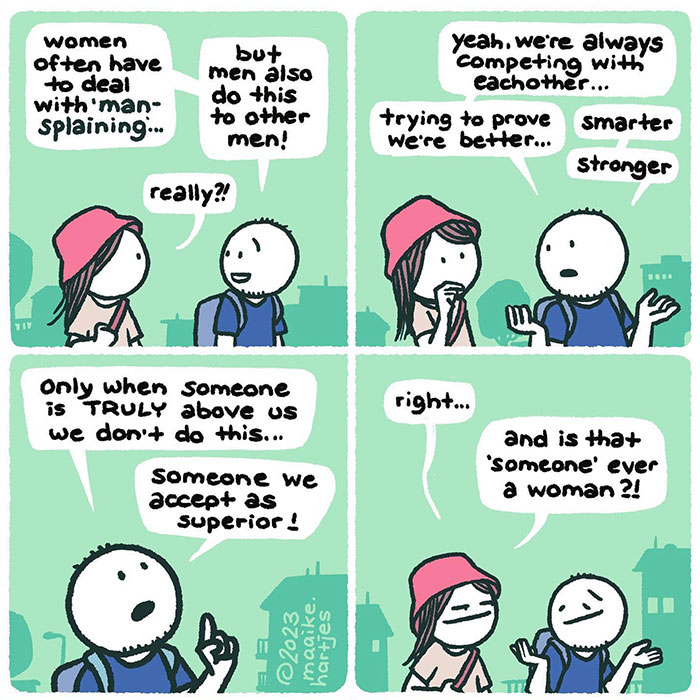 Comic of a man explaining mansplaining, noting men only respect "superiors" and questioning if that's ever a woman.