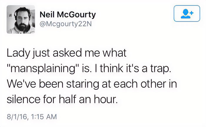 Mansplaining meme showing Neil McGourty's tweet about the awkwardness of explaining the term to a woman.