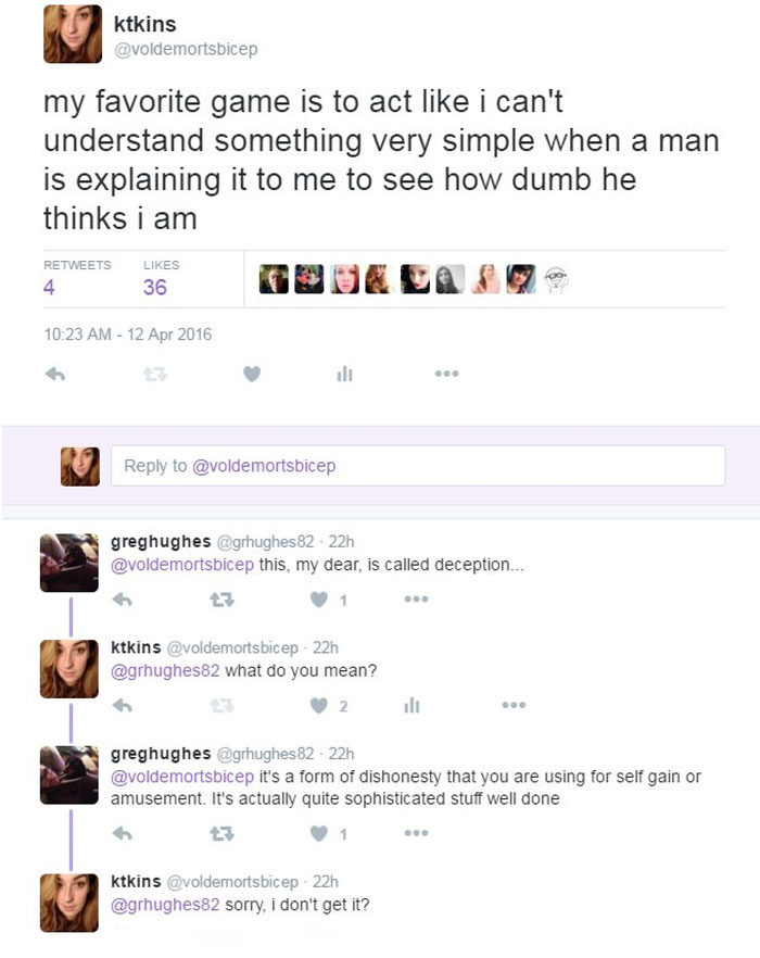 Mansplaining meme tweet where a woman feigns confusion, leading a man to explain "deception."