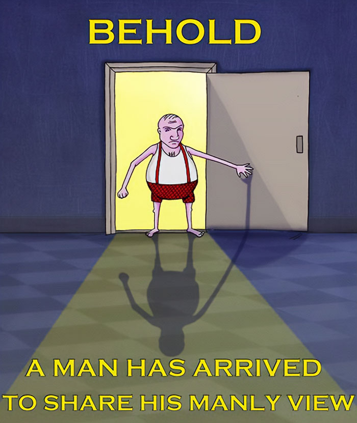 Mansplaining meme of a man entering a room, casting a shadow, with text about sharing his viewpoint.