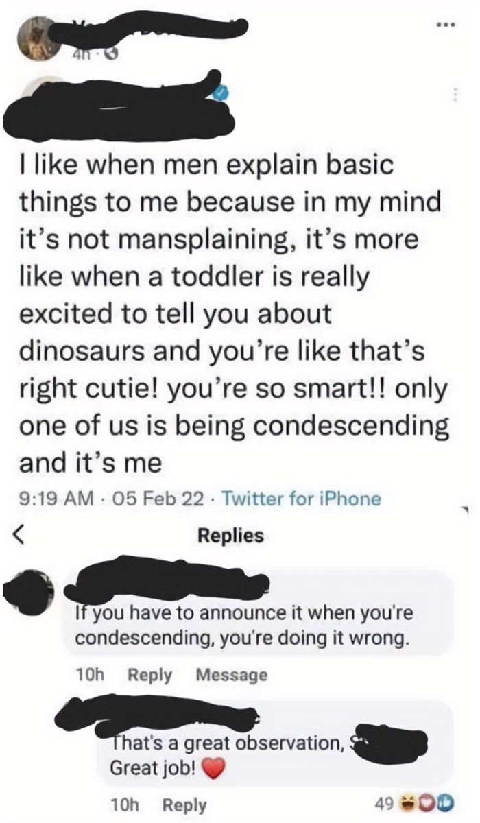 Meme comparing mansplaining to a toddler excitedly explaining dinosaurs, described as condescending yet amusing.