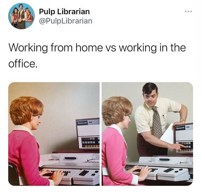 Mansplaining meme: Woman working alone vs man over shoulder explaining in office setting.