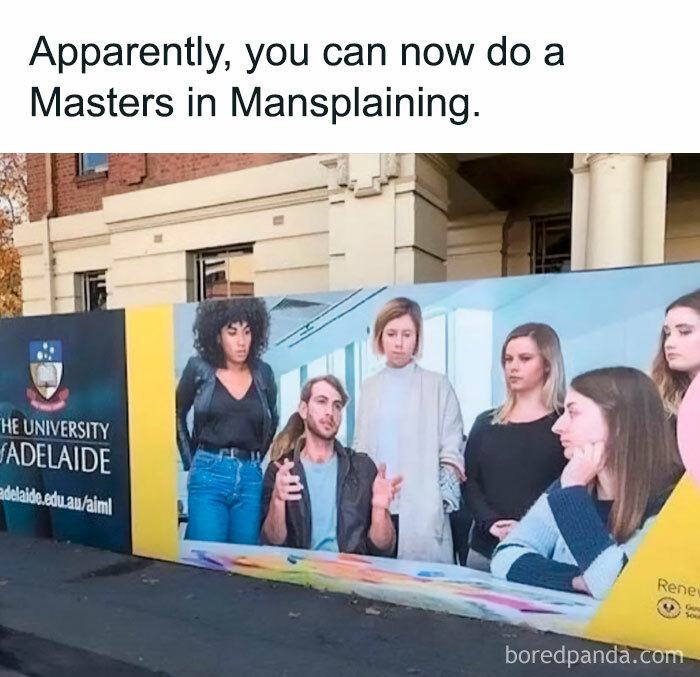 Billboard at the University of Adelaide shows a man explaining to unimpressed women, captioned "Masters in Mansplaining."