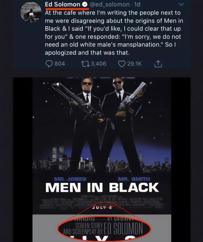 Mansplaining meme featuring Ed Solomon's tweet about explaining Men in Black origins, despite writing the screenplay.