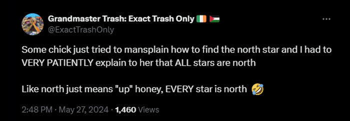 Mansplaining meme tweet with user humorously saying "ALL stars are north," misinterpreting directions.