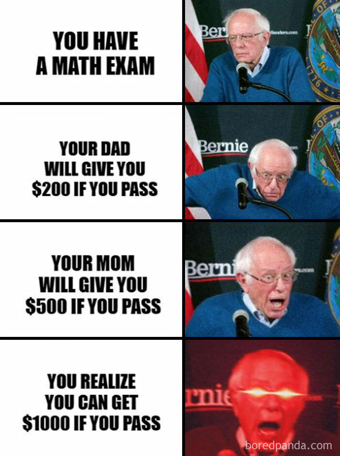 A math meme with Bernie Sanders reacting increasingly excitedly as he realizes he can earn $1000 for passing a math exam, combining rewards from parents.