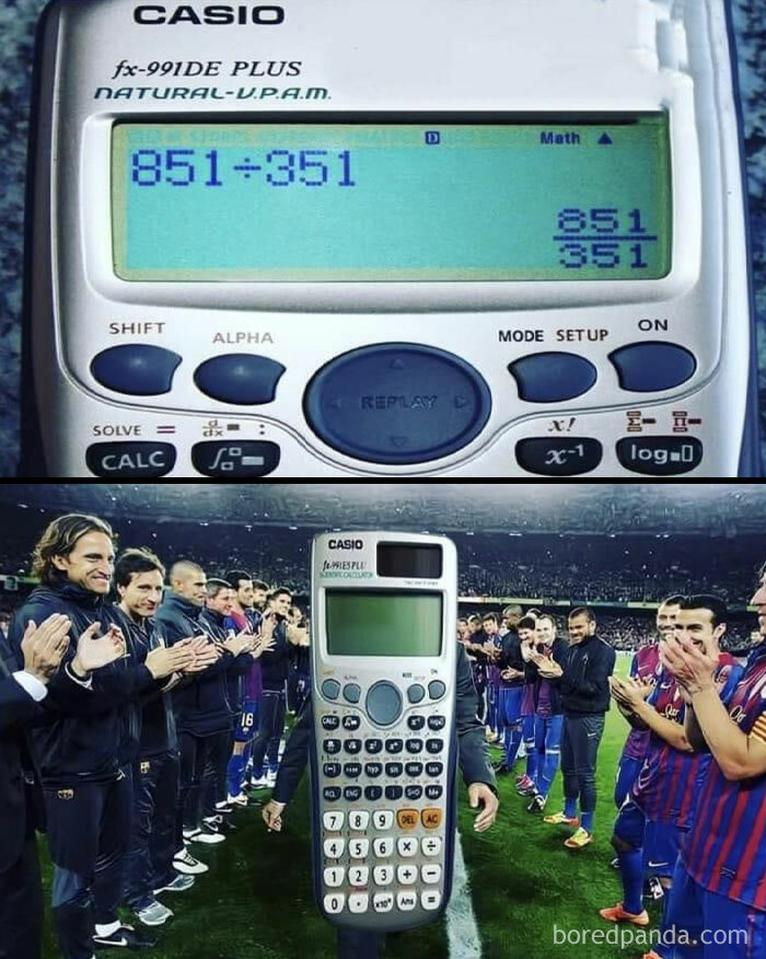 A math meme showing a calculator displaying "851 ÷ 351" then receiving a standing ovation on a soccer field, as if it's a hero.