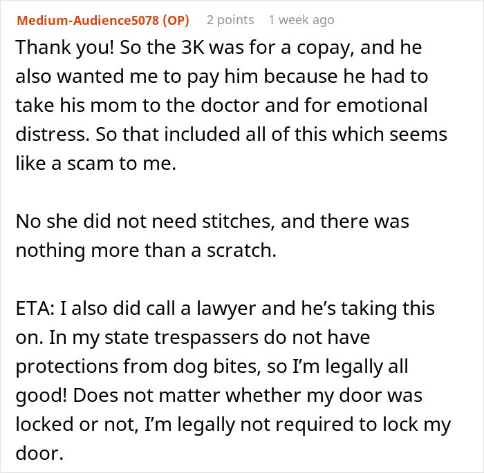 Text exchange about a woman's legal stance on not paying $3,000 after her dog bit a trespassing neighbor.