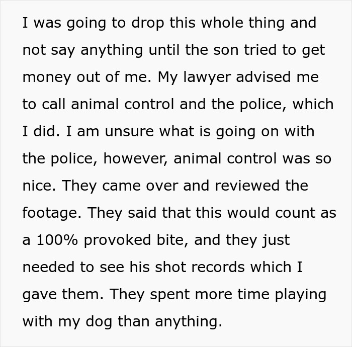 Text about a woman's lawyer advising her to contact animal control and the police after a dog bite incident, deemed provoked.