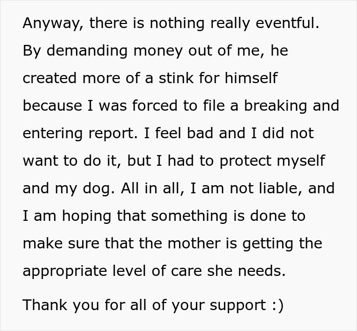 Text about woman refusing to pay after her dog bit neighbor during a break-in.