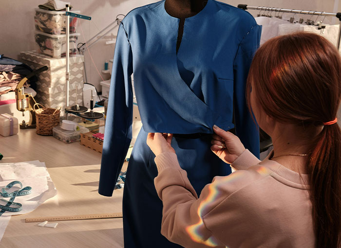 Person adjusting a blue dress on a mannequin in a fashion studio, related to Hollywood industry secrets.