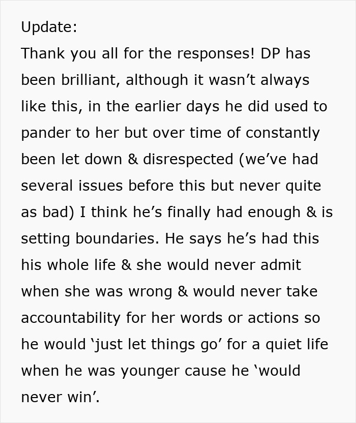 Text update about a husband's boundary setting after family disrespect from mother-in-law.