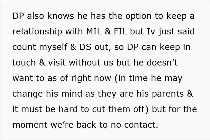 Text discussing family dynamic and decision for no contact due to mistreatment.