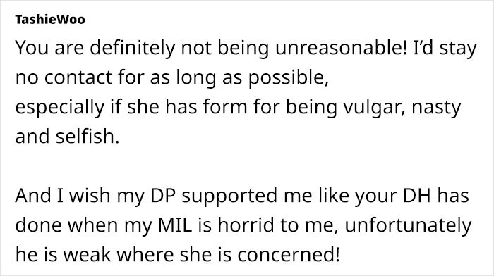 Text exchange discussing a mother-in-law's mistreatment and support from a spouse.