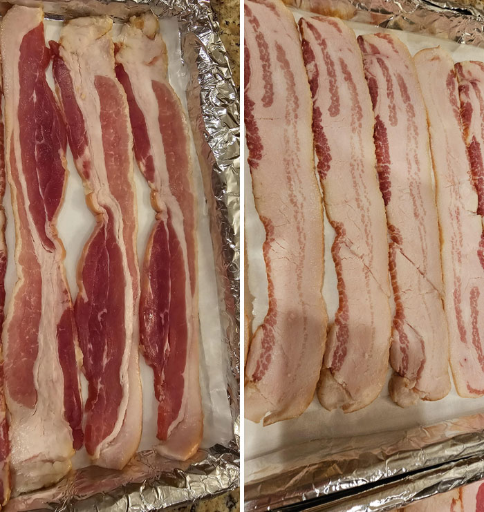 Bacon strips shrinking and curling after baking, illustrating mildly irritating cooking results.