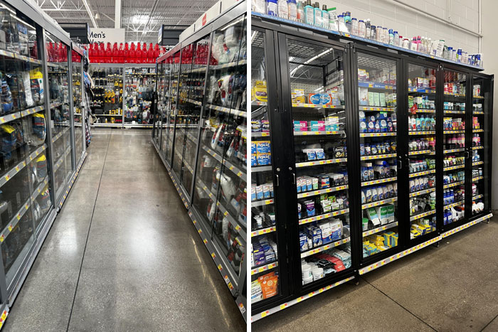 Store aisles with locked glass cabinets, showcasing mildly infuriating and irritating obstacles to accessing products.