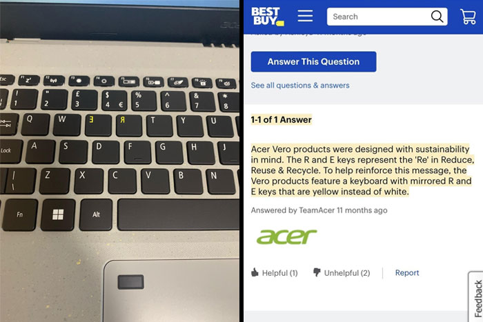 Mildly infuriating keyboard with reversed yellow R and E keys, alongside a Best Buy Q&A about Acer Vero product design.