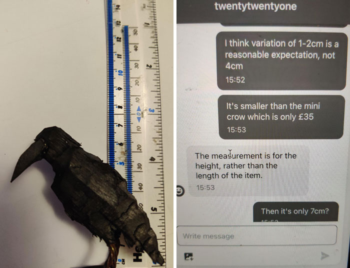 Mini crow sculpture beside ruler with chat screenshots about unexpected measurement discrepancies.