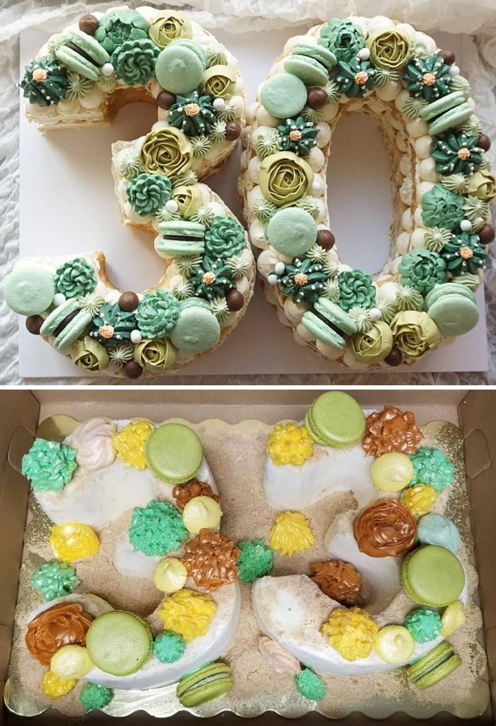 Top image of beautifully decorated number cake; bottom image shows a messy, regrettable cake fail.