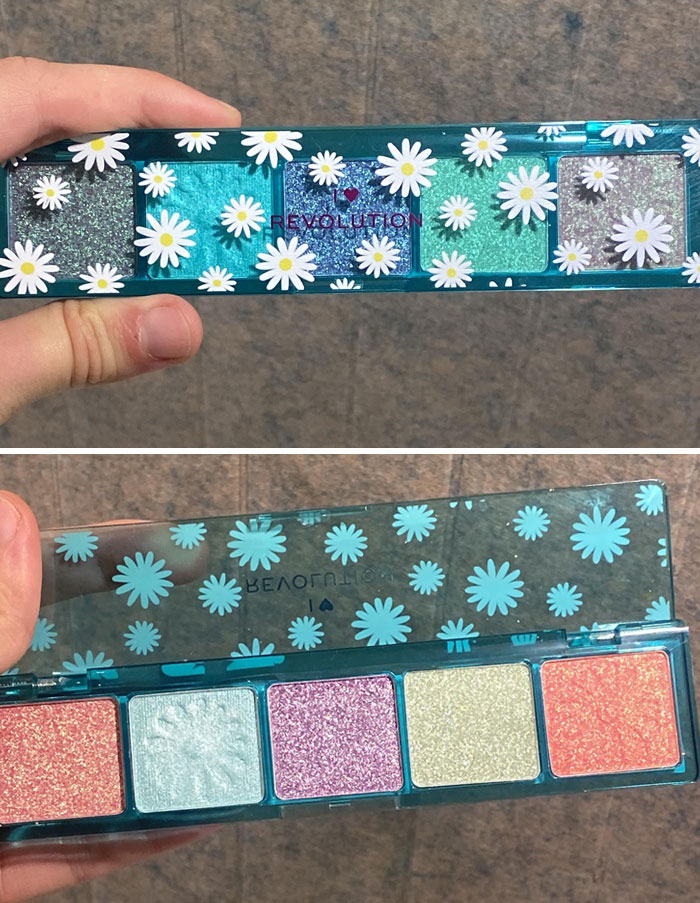Colorful eyeshadow palette with floral design, showcasing shimmer shades, illustrating instant regret after spending money.