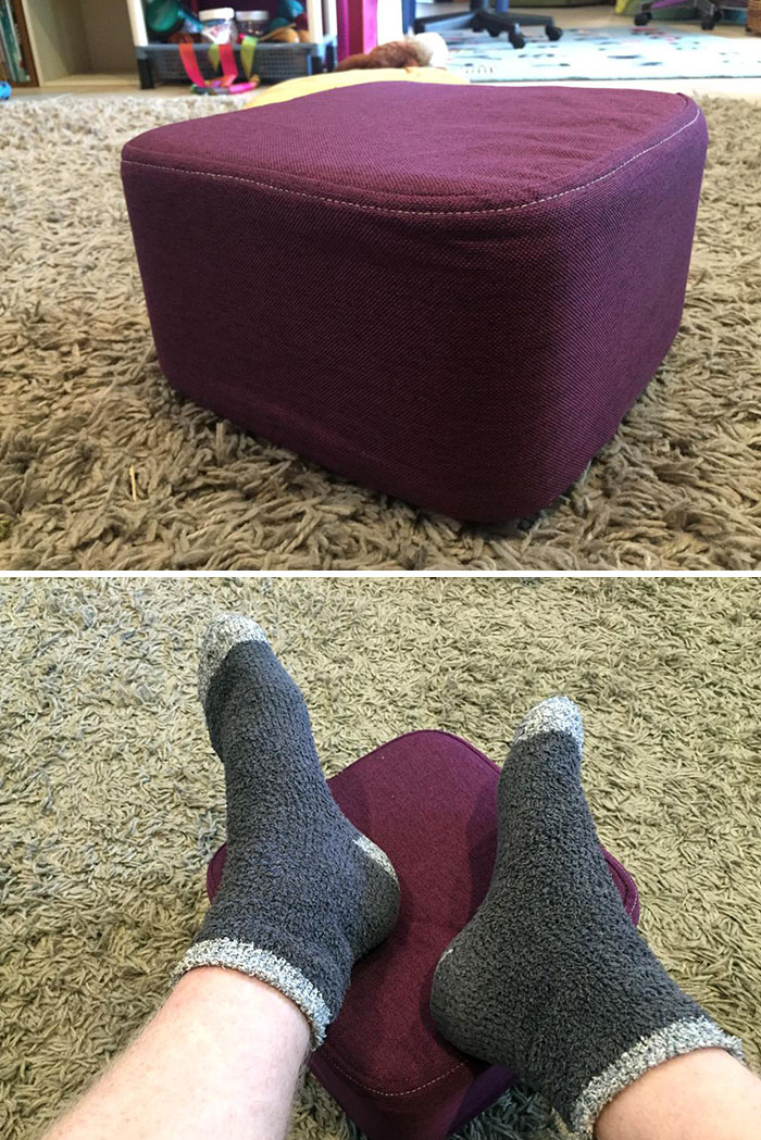 Purple footstool on carpet with feet in gray socks resting on it, depicting regretful spending.
