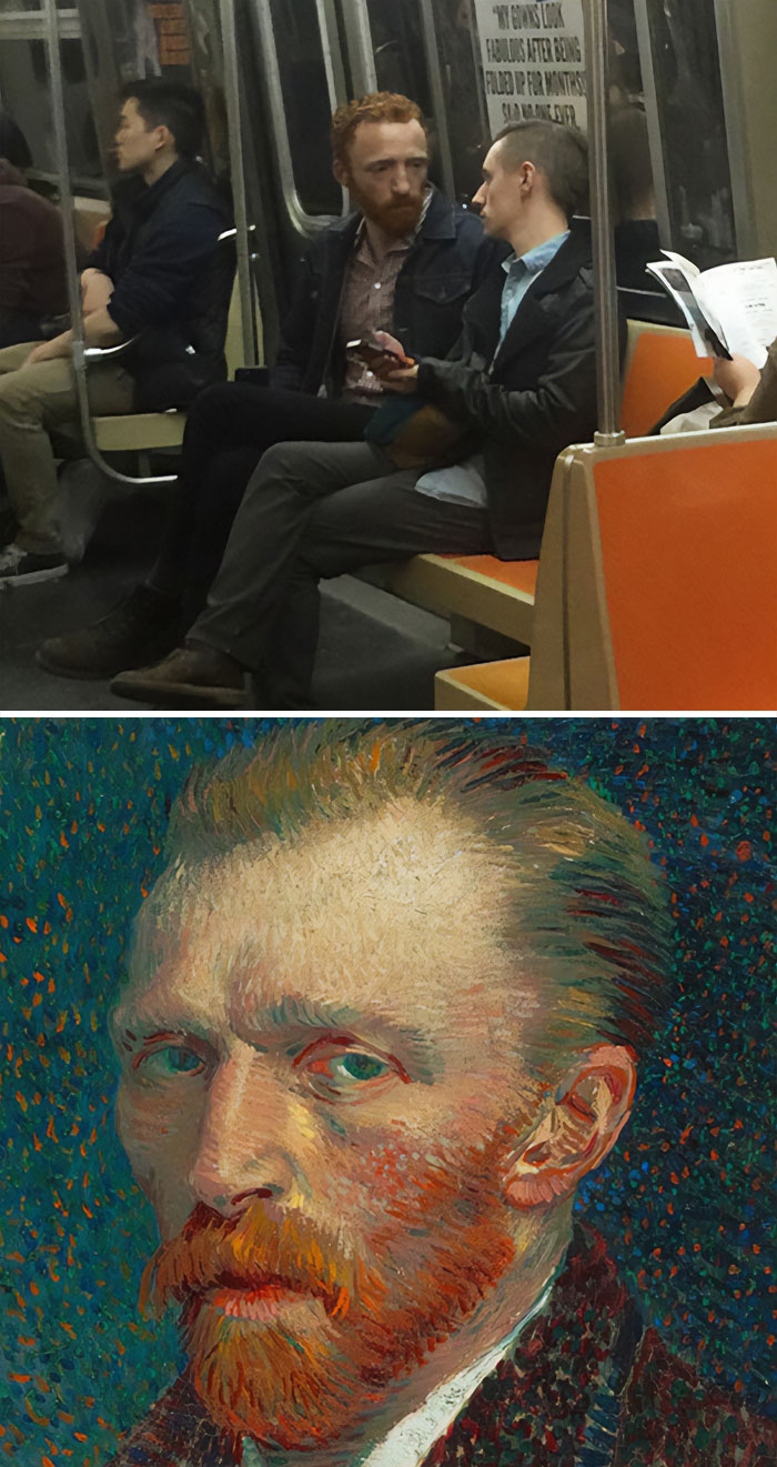 Two uncanny doppelgangers resembling Van Gogh sit on a subway.