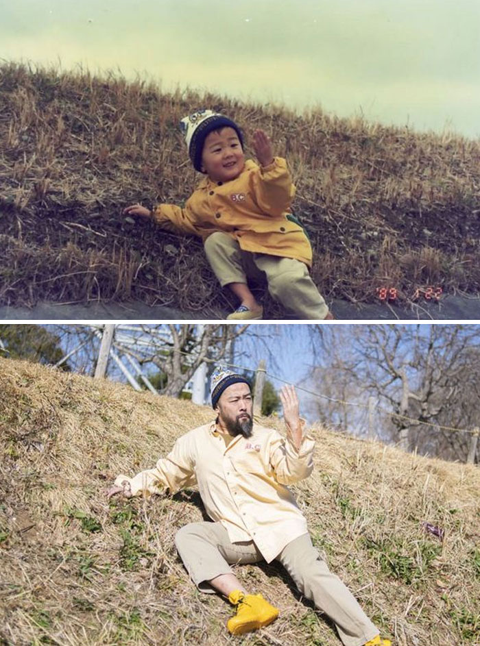 Vestiges of history: A duo of photographs showing a child and the same adult pose playfully on a grassy hill.