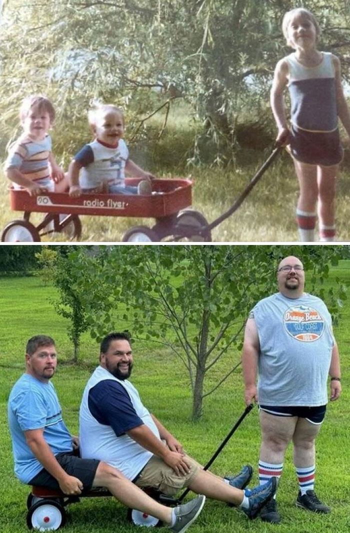 Adults reenact childhood photo, including a red wagon, capturing vestiges of history in a fun, heartfelt comparison.