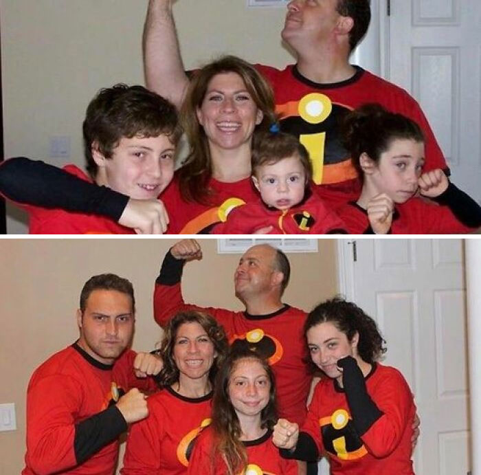 Family dressed as superheroes in matching costumes, celebrating their connection and vestiges of history, in before-after photos.