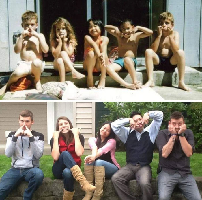 Adults recreate a childhood photo, smiling and making funny faces, showcasing vestiges of history.