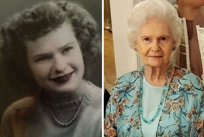 Before and after picture of an elderly woman showcasing vestiges of history, wearing pearls in both images.
