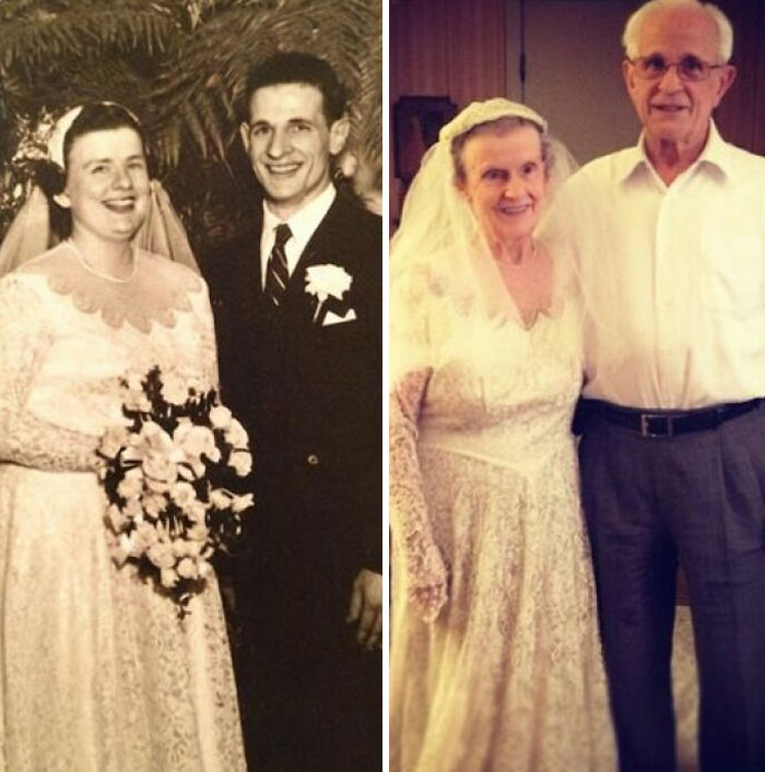 Before and after wedding pictures showcase a couple's enduring love, capturing vestiges of history over time.