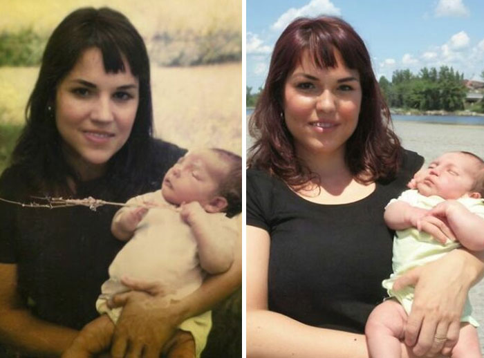 Woman holding a baby in before and after pictures, capturing wholesome vestiges of history.