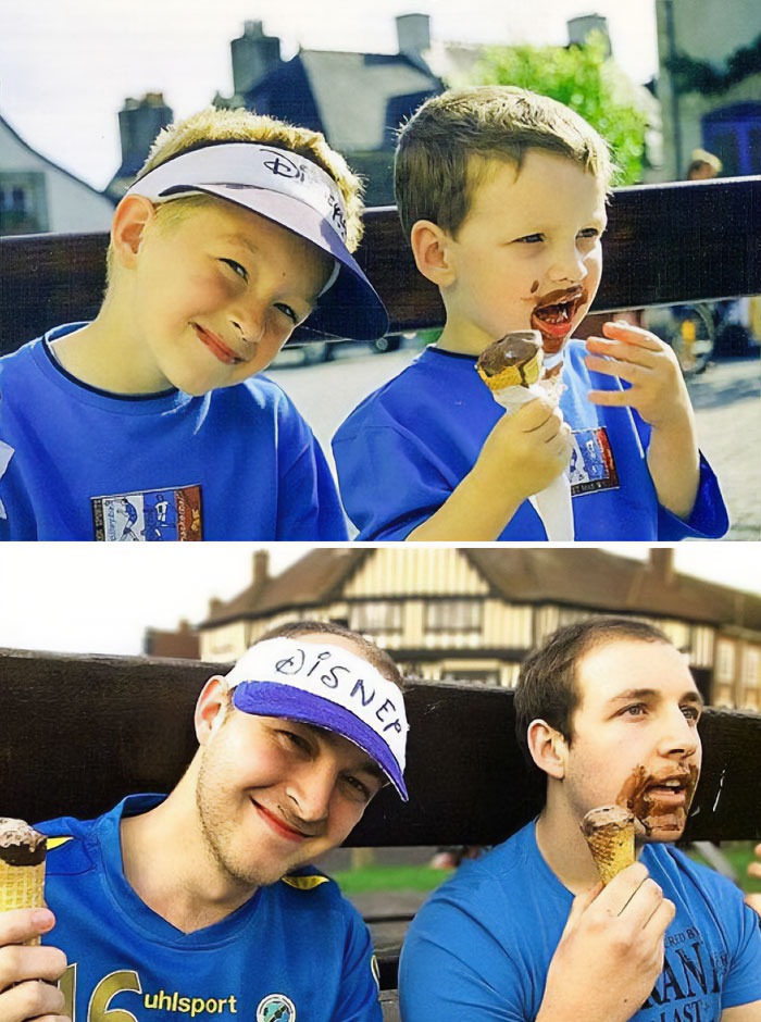 Two brothers enjoying ice cream, a wholesome before and after picture capturing vestiges of history.