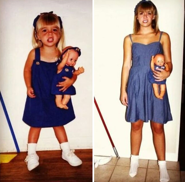 Child's growth captured in a before-and-after photo, wearing matching blue dresses with a doll, highlighting vestiges of history.