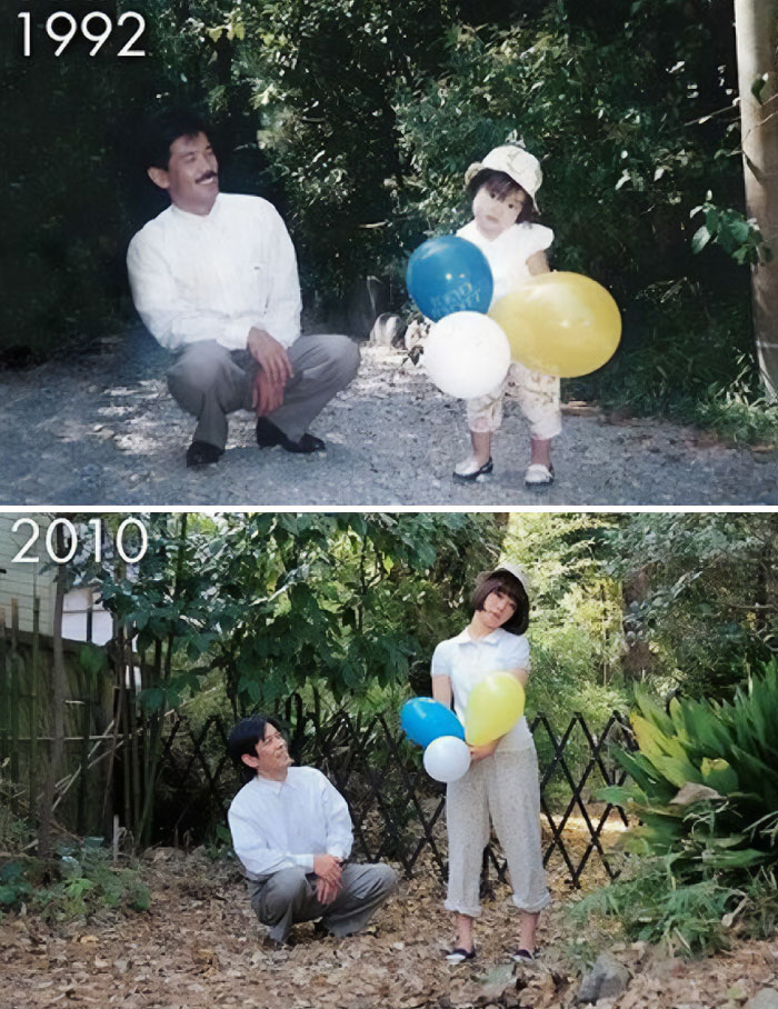 Historical before and after: a man and girl in similar poses holding balloons, in a garden setting, 1992 and 2010.
