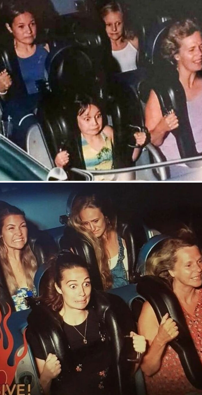 Before and after pictures of a group on a rollercoaster, highlighting vestiges of history and timeless excitement.