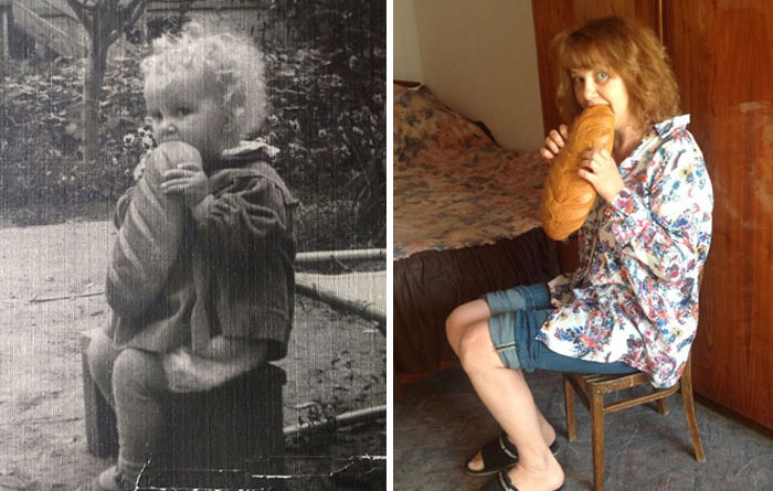A child and adult holding bread, showcasing vestiges of history in a before and after comparison.