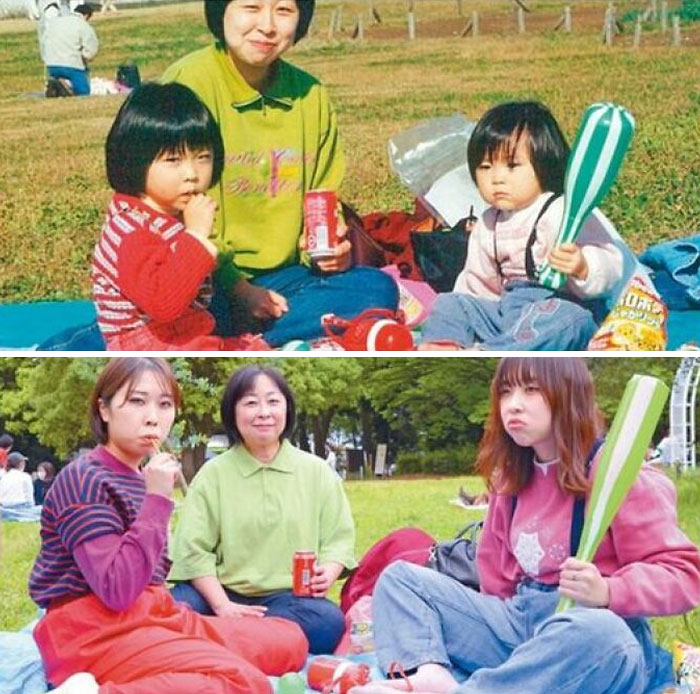 Mother and daughters in a park picnic, capturing vestiges of history in before and after photos.