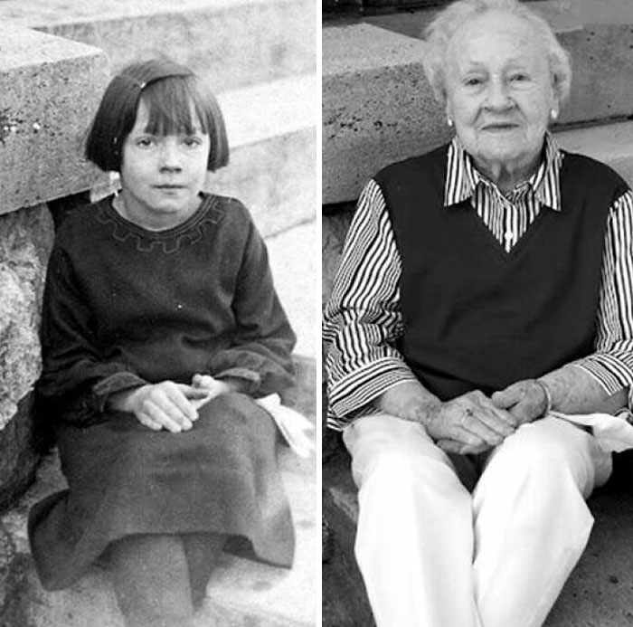 Before and after pictures depicting vestiges of history with a young girl and the same woman as an elder on stone steps.