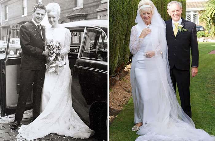 Vestiges of history: A couple on their wedding day, decades apart, showcasing the beauty of enduring love.