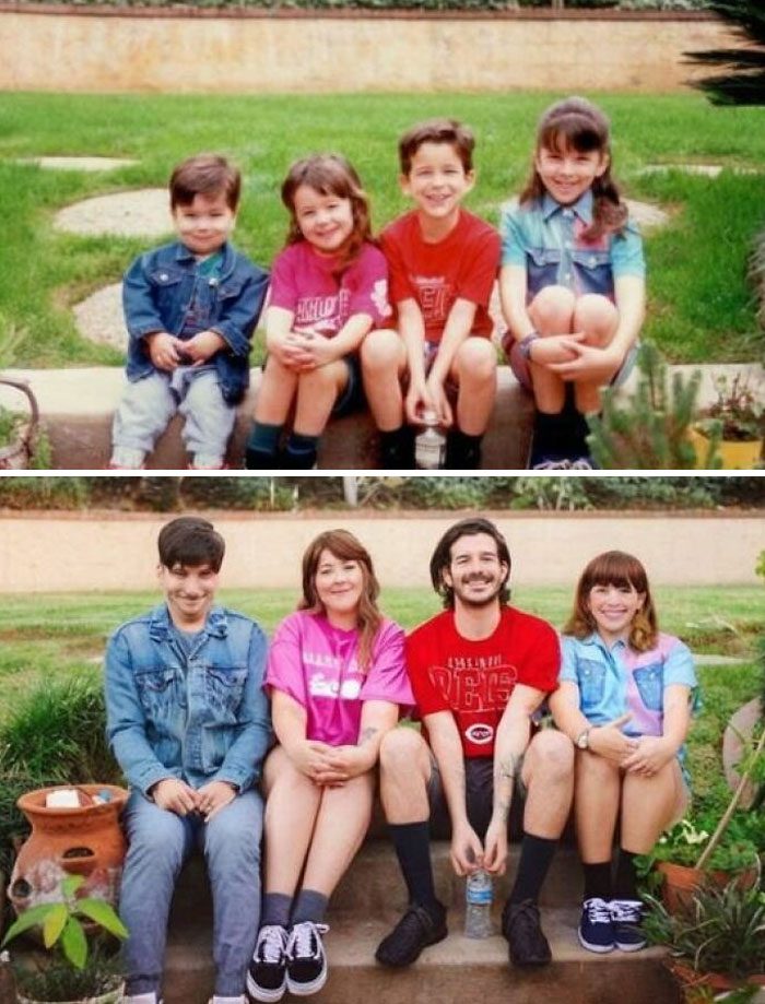 Group of four siblings in a garden, shown as children and adults, showcasing the passage of time.