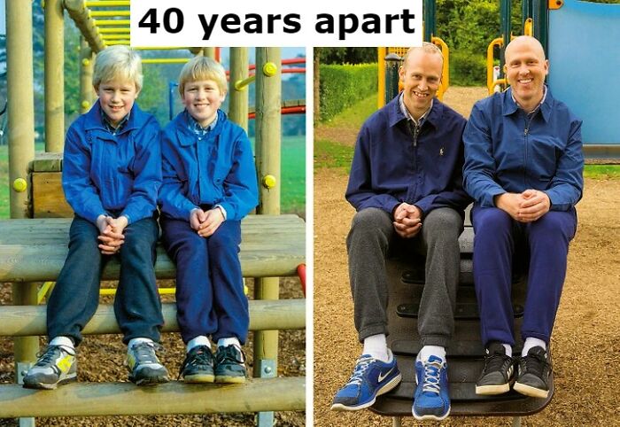 Vestiges of history: Two brothers sitting on playground equipment, 40 years apart, showcasing a wholesome before and after.