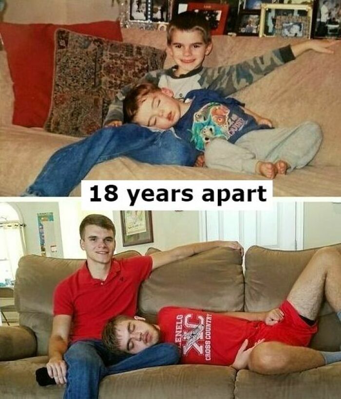 Two brothers on a sofa, 18 years apart, capturing vestiges of history in before and after photos.
